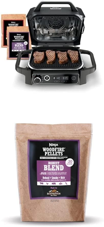 Ninja OG751 Woodfire Pro Outdoor Grill with Built-In Thermometer, 7-in-1 Master Grill, BBQ Smoker and Outdoor Air Fryer plus Bake, Roast, Dehydrate, and Broil, Woodfire Technology, with All Purpose Blend Pellets