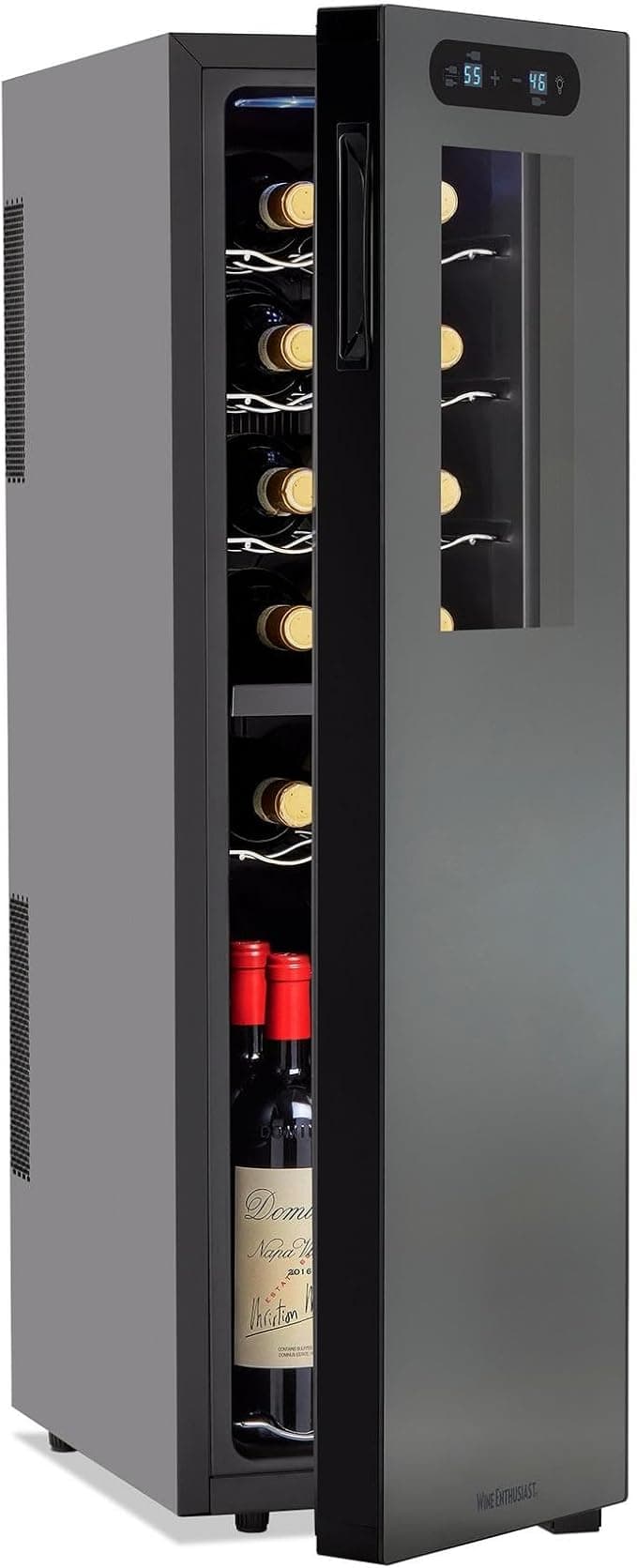 Wine Enthusiast 18-Bottle Slimline Dual Zone Wine Cooler - Energy Efficient Freestanding Wine Refrigerator - Upright Bottle Storage, Adjustable Thermostat, Digital Touchscreen