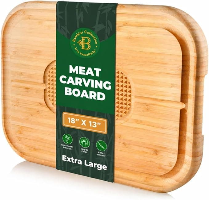 Extra Large 18x13 Bamboo Meat Cutting Board – Thick Reversible Butcher Block with Deep Juice Groove & Non-Slip Center for BBQ