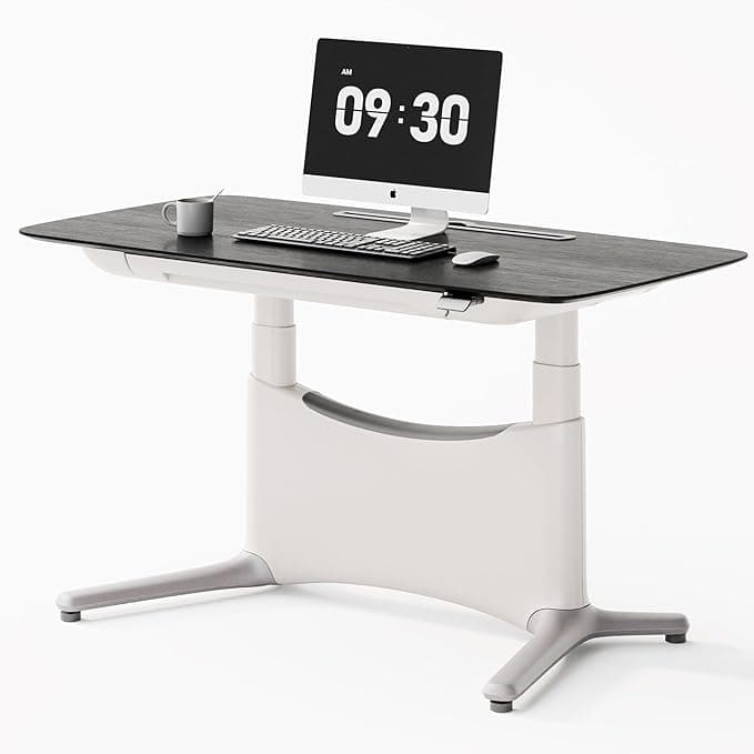 COLAMY Electric Standing Desk 55x28 Inch, Wobble-Free Dual Motor Sit Stand Desk with Drawers, Outlets & Footrest, Oak White
