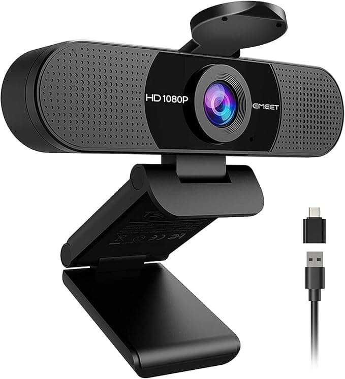 EMEET C960 1080P Webcam with Microphone, 2 Mics, 90° FOV, USB Type-A & A-to-C Adapter, Plug & Play Computer Camera