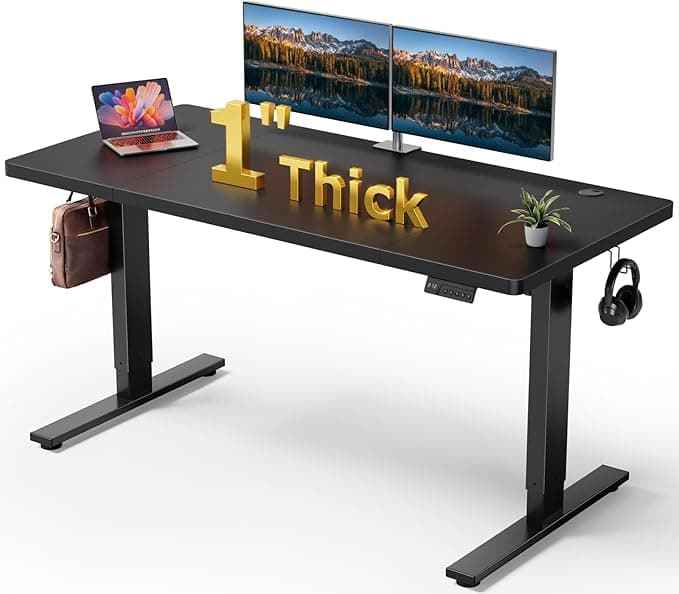 DeskShow Electric Standing Desk 60x28 Inch – Sit Stand Desk with 1" Thick Tabletop, Double Beam Frame, 3 Memory Heights, Cable Management