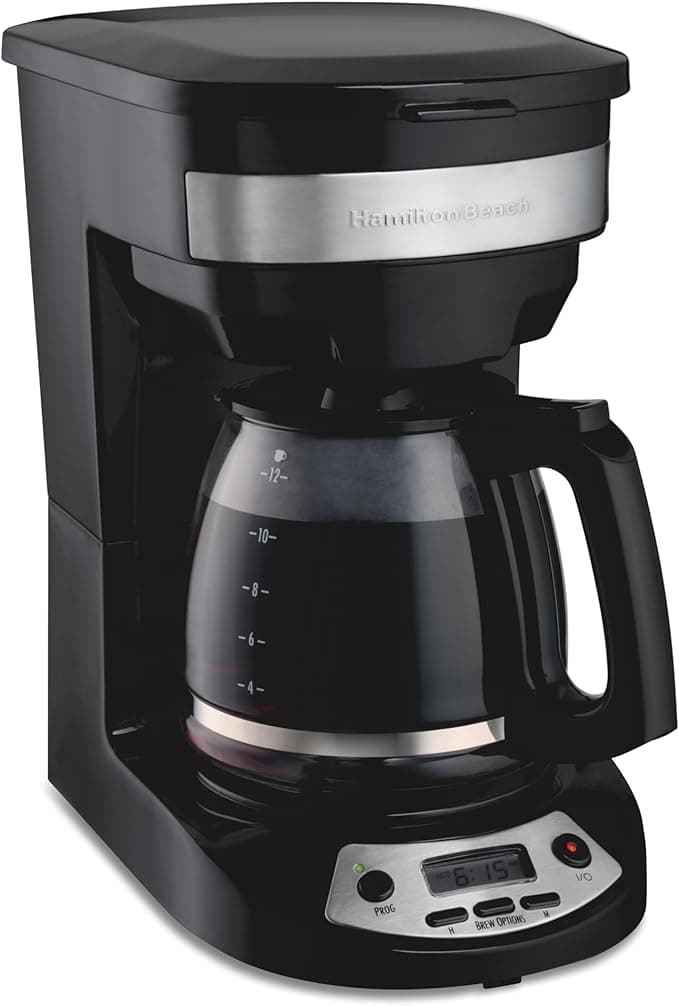 Hamilton Beach 12 Cup Programmable Drip Coffee Maker Machine, Regular & Bold Brew Options, Auto Pause and Pour, Glass Carafe, Black with Stainless Accents
