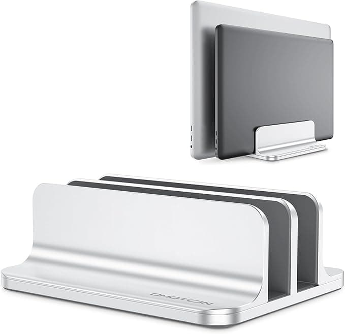 OMOTON Vertical Laptop Stand (Updated Double Version), Desktop Aluminum Stand for MacBook with Adjustable Dock Size, Up to 17.3 inches, Silver