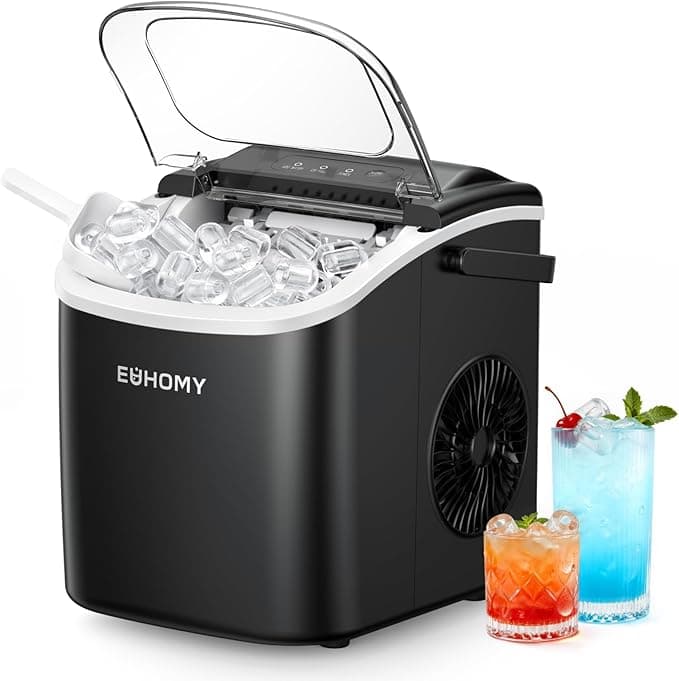 EUHOMY Countertop Ice Maker Machine with Handle, 26lbs in 24Hrs, 9 Ice Cubes Ready in 6 Mins, Auto-Cleaning, Black