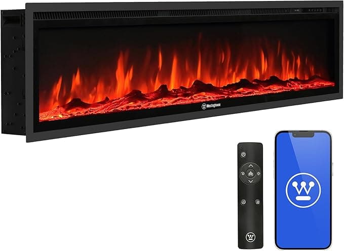 Westinghouse 60 Inch Electric Fireplace Heater, Compatible with Alexa & Google Home, Wall Mount or in-Wall Recessed