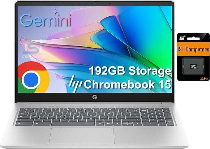 HP Chromebook 15 Laptop (15.6" Anti-Glare, Intel N200, 8GB DDR5 RAM, 192GB Storage 64GB eMMC plus 128GB SD, 4-Core, Numeric KB) Home & Student, Webcam with Shutter, Wi-Fi, Chrome OS, Silver
