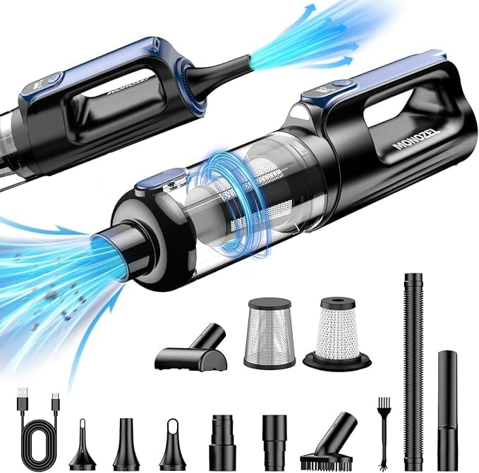 MONOZEL Car Vacuum Portable Cordless, 18000Pa 2 in 1 Vacuum Cleaner & Air Duster, 130W Brushless Motor with 7800mAh Battery, LED Light, Multi-Nozzles