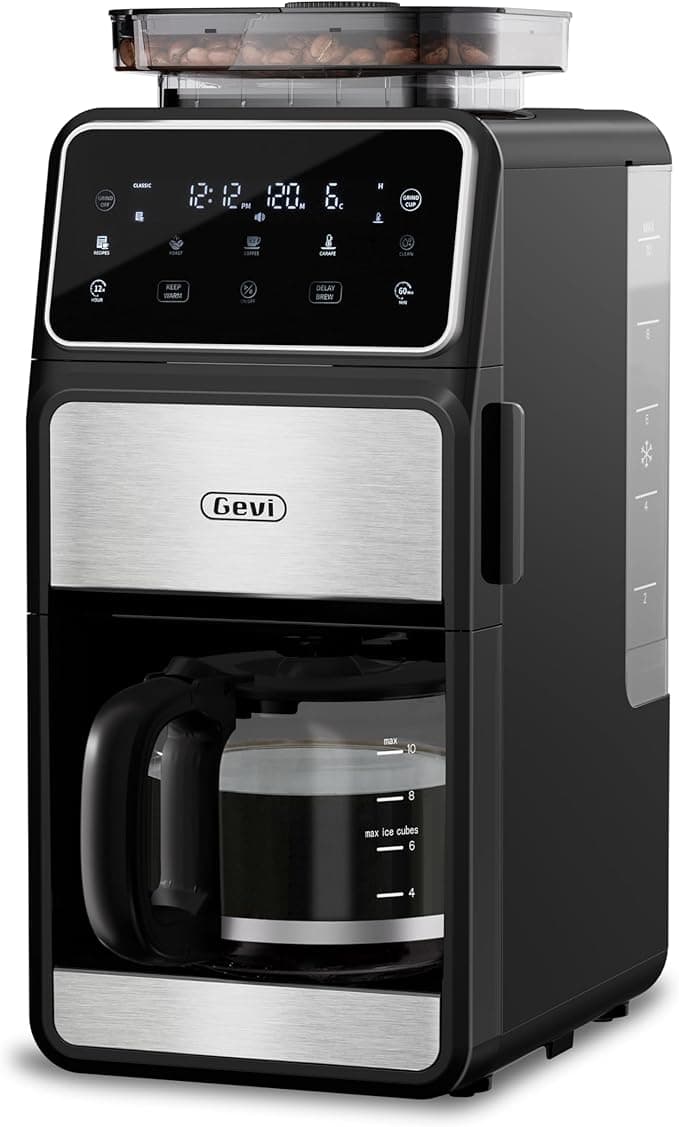 Gevi 10 Cup Drip Coffee Maker with Built-in Grinder, Grind & Brew Burr Combo Coffee Machine with Touch Screen, Programmable, 4-Hour Warm Plate, Permanent Filter