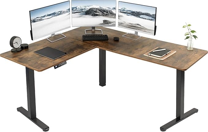 VIVO Corner Standing Desk, 63 x 55 inch Reversible L-Shaped Workstation, Electric Height Adjustment, Rustic Vintage Brown Top Black Frame