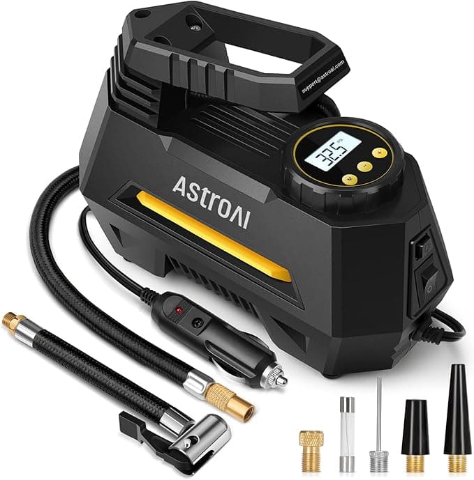 AstroAI Tire Inflator Portable Air Compressor Air Pump for Car Tires, 9.8Ft Cord 12V DC-Powered Auto Pump with Digital Pressure Gauge, Emergency LED Light
