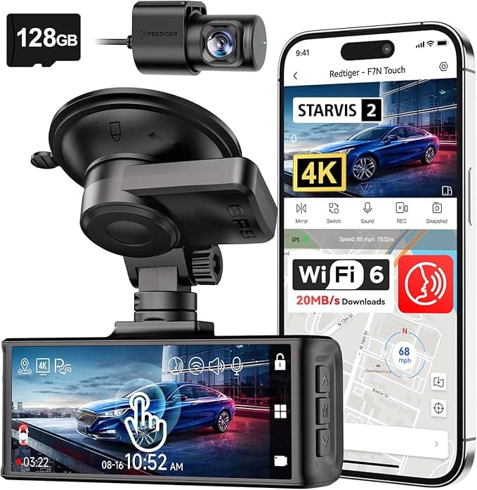 REDTIGER 4K STARVIS 2 Dash Cam Front and Rear, 5GHz WiFi, 128GB Card Included, Voice Control, 3.18-Inch Touch Screen, GPS, Loop Recording, Parking Mode (F7N Touch)