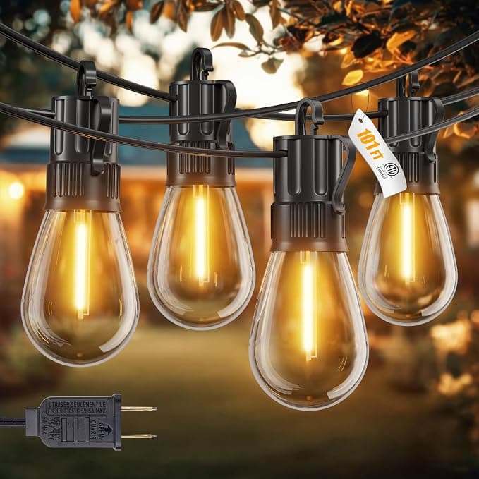 Minetom 101FT Outdoor String Lights — Commercial Grade S14 Vintage Edison Bulbs, IP65 Waterproof, UL Listed