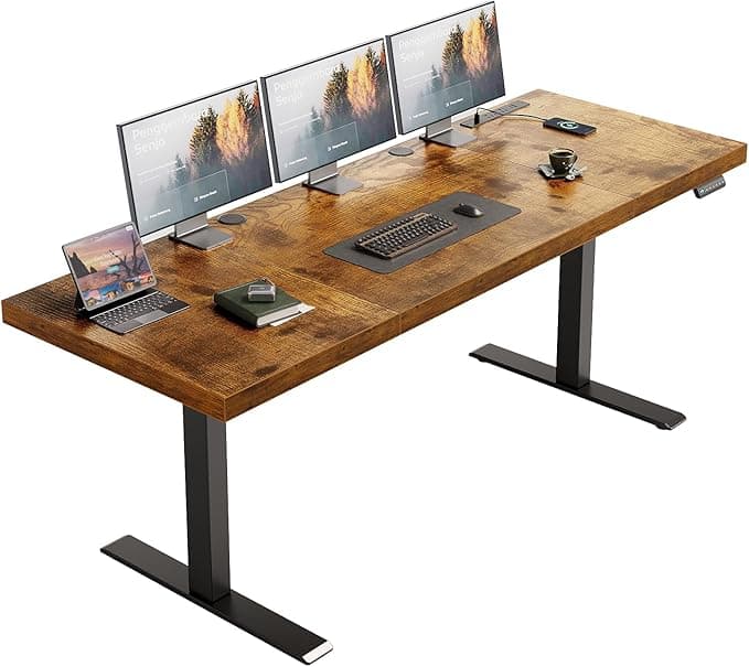 OffiGo 71 Inch Executive Electric Standing Desk, Height Adjustable Desk with Power Outlet & 1.38" Thick Desktop, Sit Stand Computer Desk, Rustic Brown
