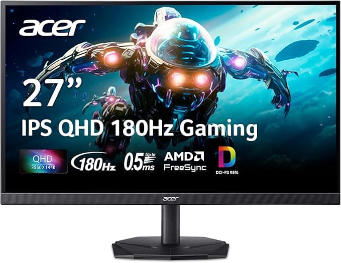 Acer Nitro 27" QHD 2560x1440 IPS Gaming Monitor, 180Hz, 0.5ms, FreeSync, 95% DCI-P3, HDR10