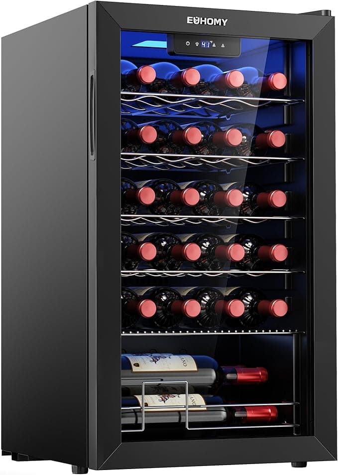 EUHOMY 25 Bottle Wine Cooler Refrigerator, Freestanding Compressor Wine Fridge with Adjustable Temperature and Digital Control, Mini Fridge with Glass Door