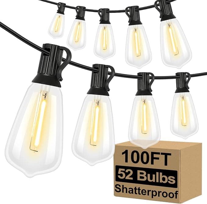 Brightever 100FT LED Outdoor String Lights — 52 Shatterproof ST38 Vintage Edison Bulbs, 2700K Dimmable, 120V Commercial