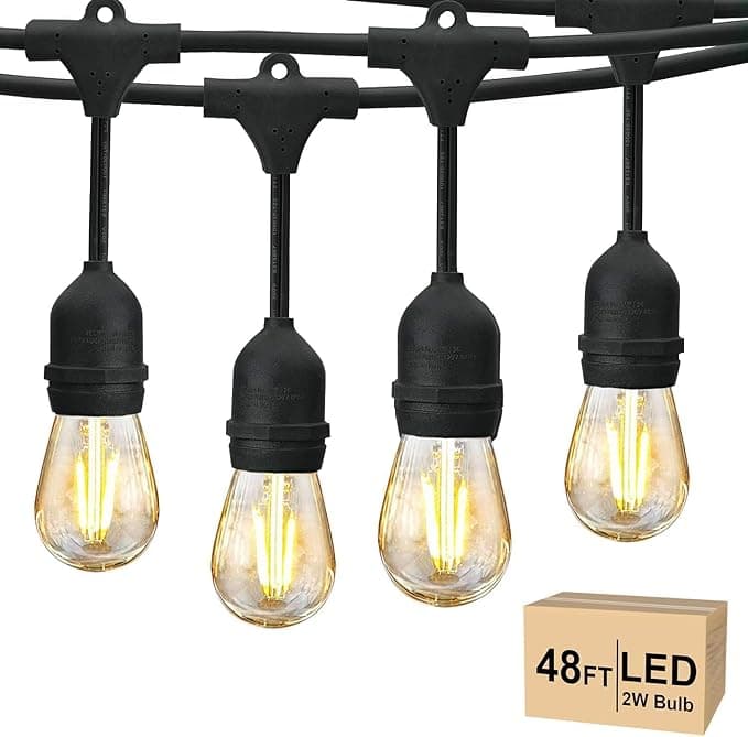 Svater 48FT Outdoor String Lights — Commercial Grade 2W Edison Shatterproof Bulbs, IP65, Warm White 2700K