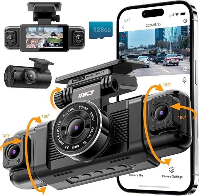 IIWEY N5 4 Channel Dash Cam 360-Degree View, 1080P Front Rear Inside Left Right, 8 IR Lamps Night Vision, 5G WiFi and APP Control, G-Sensor, Parking Mode, Free 128GB SD Card
