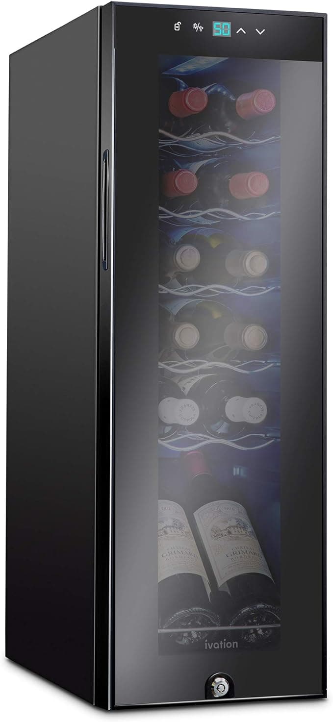 Ivation 12 Bottle Compressor Wine Cooler Refrigerator with Lock, Large Freestanding Wine Cellar Fridge, 41F-64F Digital Temperature Control Glass Door Black