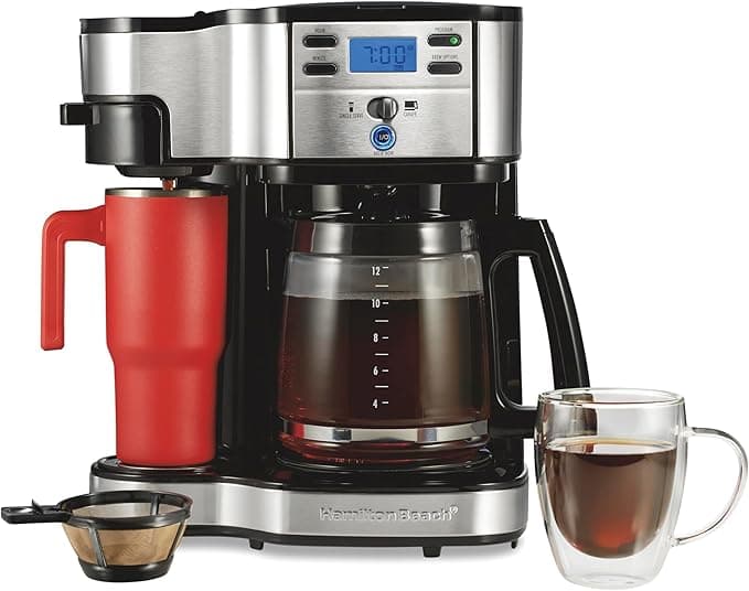 Hamilton Beach 2-Way Programmable Coffee Maker, 12 Cup Glass Carafe And Single Serve Coffee Maker, Black with Stainless Steel Accents
