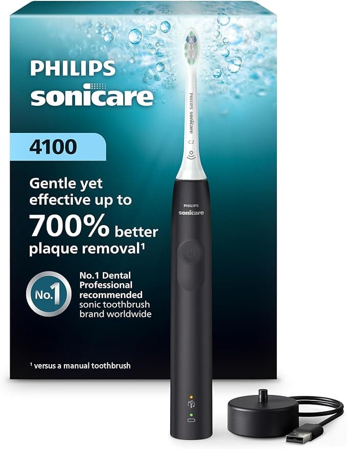 Philips Sonicare 4100 Series Electric Toothbrush - Sonic Technology, Pressure Sensor, Two Intensity Settings, Smartimer & Quadpacer, Black