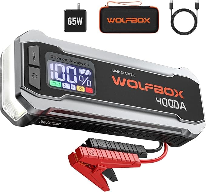 WOLFBOX 4000A Jump Starter, 12V Car Battery Jumper Starter Portable with 65W Quick Charger, LED Display, 88.8Wh Booster Jump Box Pack (10L Gas 10L Diesel) with LED Light, Jumper Cables