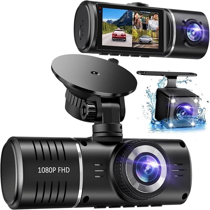 SUVCON 3 Channel Dash Cam Front Rear and Inside, 1080P Dash Camera for Cars with 32GB Card, Loop Recording, Night Vision, HDR, 24Hr Parking, G-Sensor