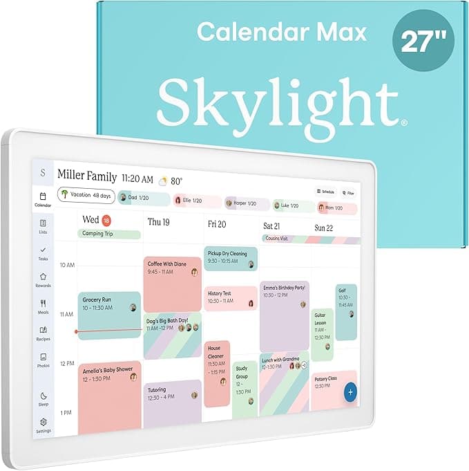 Skylight Calendar Max: 27-Inch Smart Digital Calendar & Chore Chart, Family Organizer with Interactive Touchscreen Display, Classic White Frame