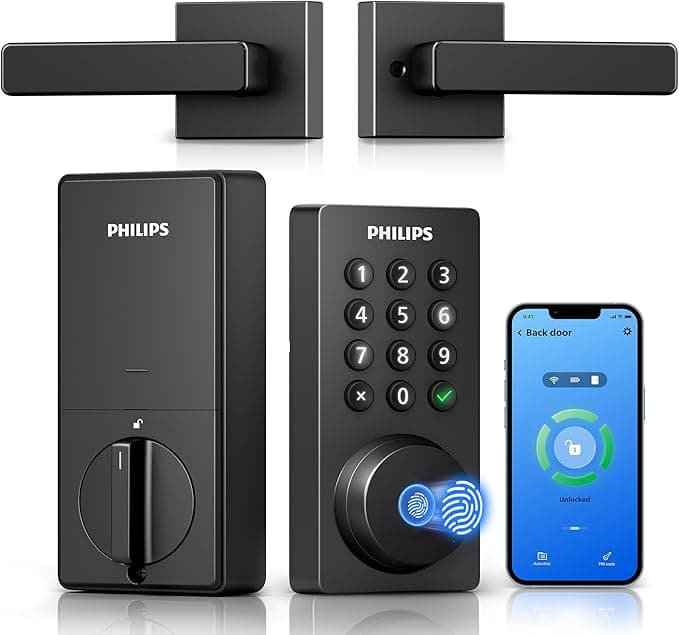Philips WiFi Keypad Door Lock with Handle, Built-in WiFi, App Remote Control, Voice & Fingerprint Unlock, Auto Lock, Keyless Entry Deadbolt