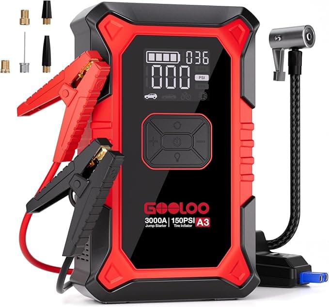 GOOLOO A3 Jump Starter with Air Compressor, 3000A Portable Car Battery Booster (9.0 Gas/6.5L Diesel) with 150PSI Auto-Shutoff Tire Inflator, 12V Supersafe Lithium Jump Box