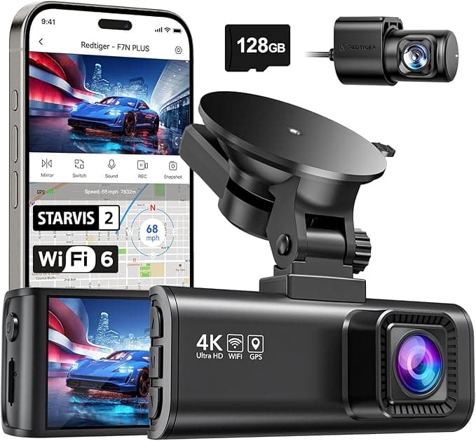 REDTIGER 4K Dash Cam Front and Rear, STARVIS 2 Sensor, Free Card Included, 5.8GHz WiFi, GPS, WDR Night Vision, 170-Degree Wide Angle, 24H Parking Mode (F7NP)