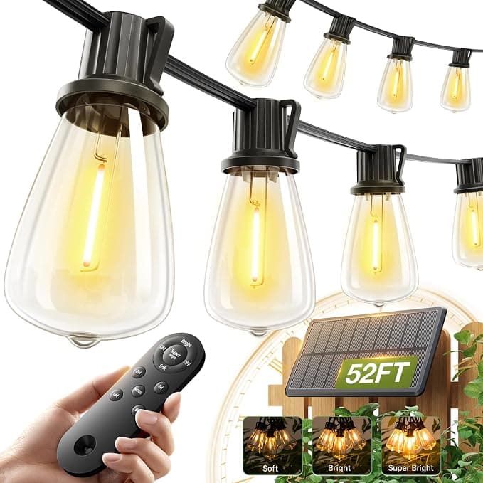 addlon 52 FT Solar String Lights Waterproof — Patio Lights with Remote, USB Port, 16+1 LED Shatterproof Bulbs, 3 Light Modes, Dimmable