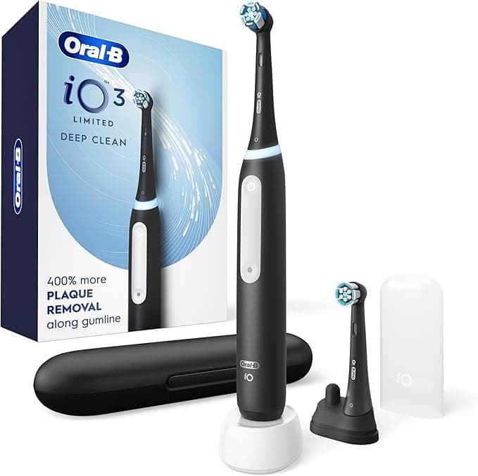 Oral-B iO3 Limited Deep Clean Rechargeable Electric Toothbrush, 3 Cleaning Modes, Visual Pressure Sensor, 2 Brush Heads, Travel Case, Black