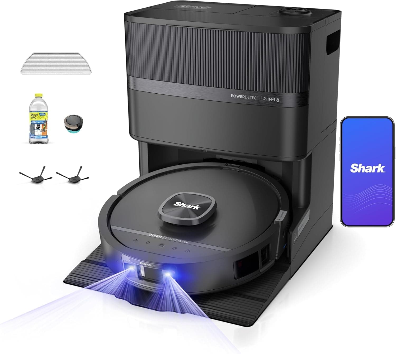 Shark PowerDetect UV Reveal | 2-in-1 Robot Vacuum & Mop for Carpets & Hard Floors | Powerful Suction for Pet Hair | Self-Clean, Self-Empty, Heated Mop Wash & Dry | UV Stain Detect | Black | RV3020XE