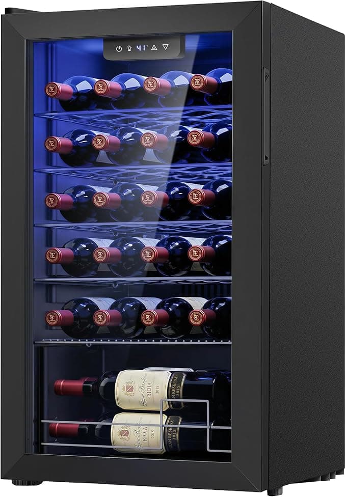 Icyglee 25 Bottle Compressor Wine Cooler Refrigerator, Freestanding Wine Cellar with 41-64°F Adjust Temp and Double-Layer Glass Door, Wine Cooler for Home Bar, Black