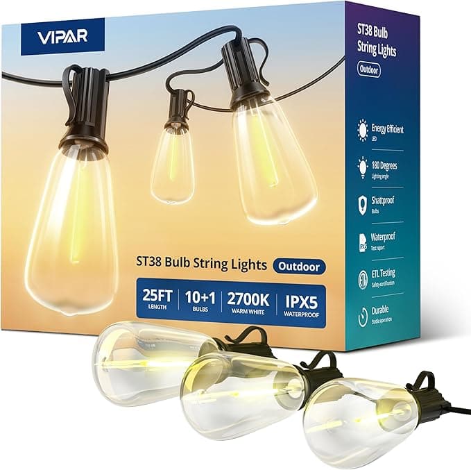 VIPAR Outdoor String Lights 25FT — IPX5 Waterproof, 10+1 ST38 Shatterproof Edison Bulbs, 2700K, Connectable