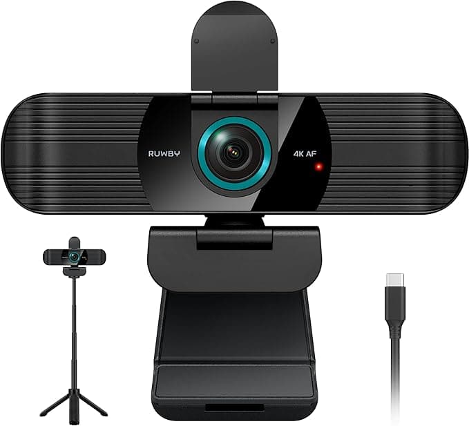 RUWBY UHD 4K Webcam with Built-in Dual Mics, Wide-Angle Lens, Privacy Cover, Tripod Stand, Autofocus PC Camera