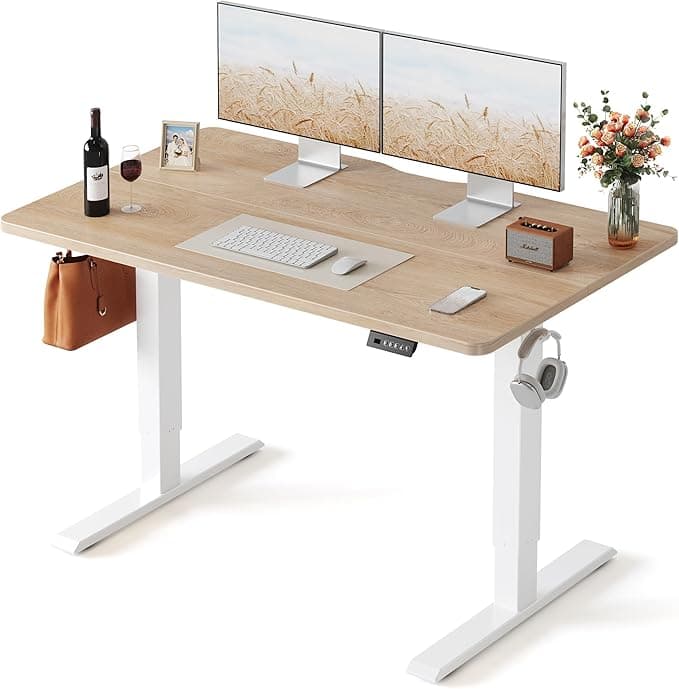FEZIBO Standing Desk, 48 x 24 Inches Electric Height Adjustable, Sit and Stand Up, Computer Office Desk with Splice Board, White Frame/Maple Top