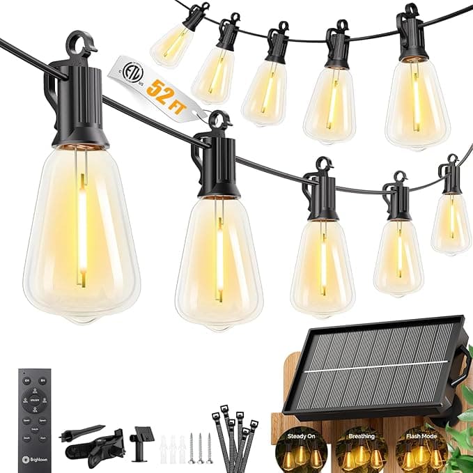 Brightown 52FT Solar String Lights Outdoor Waterproof, Patio Lights with Remote and Timer, USB/Solar Powered Dimmable (15+1 LED Bulbs, 26Hr Runtime)