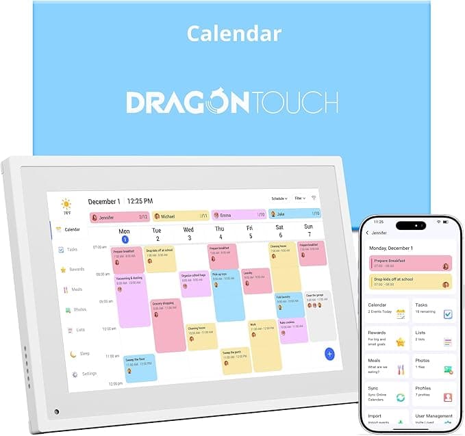 Dragon Touch 10.1 inch Digital Calendar Chore Chart – Interactive Touchscreen, Smart Family Planner, Hearth Display Desk Digital Calendar