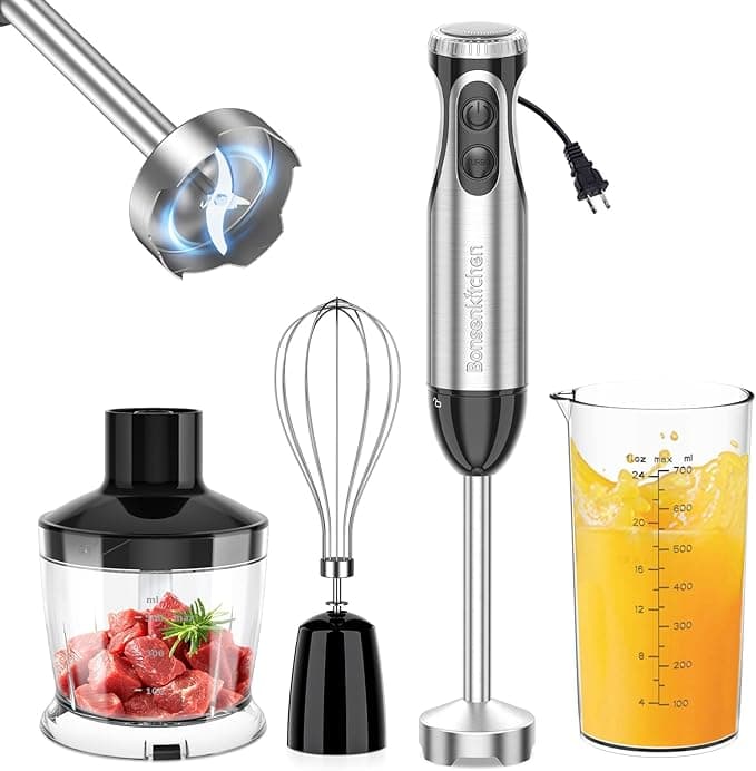 Bonsenkitchen Immersion Blender Handheld with Food Processor, 20 Speeds Hand Blender with Turbo Mode, Stainless Steel Blade, Egg Whisk, Beaker & Chopper Bowl