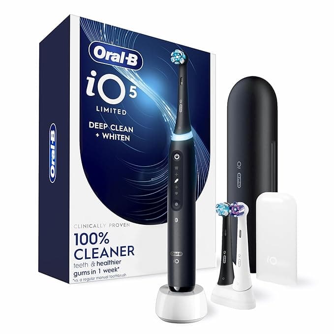 Oral-B iO5 Limited Deep Clean & Whiten Rechargeable Electric Toothbrush, 5 Cleaning Modes, Visual Pressure Sensor, Travel Case, 3 Brush Heads, Black
