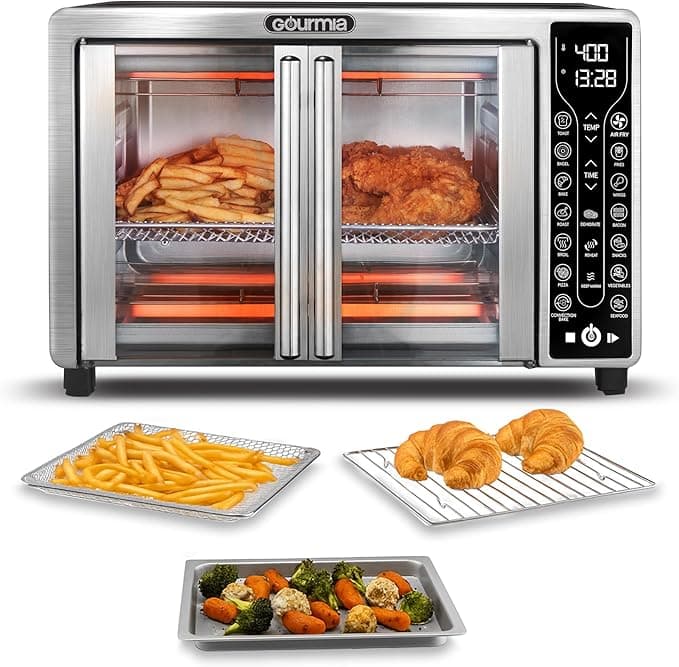 Gourmia French Door Air Fryer – 25 Qt Large Capacity Convection Oven, FryForce 360°, Digital Display with 17 Cooking Presets, Bake, Toast, Roast, Dehydrate, Fits 12" Pizza