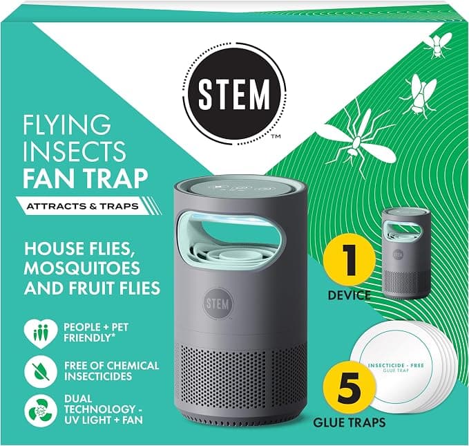 STEM Flying Insect Fan Trap for Indoor Bug Control, Plug-in Fan with UV Light, Starter Kit Includes 1 Device and 5 Glue Traps