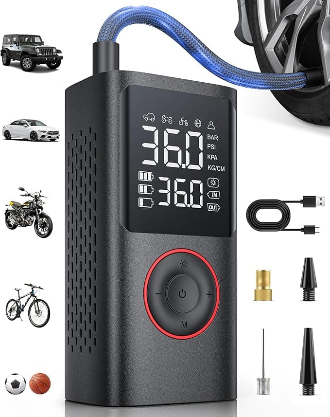 Powools Tire Inflator Portable Air Compressor, 150 PSI Cordless Bike Pump, Air Pump for Auto, Motorcycle, Bicycle, Balls