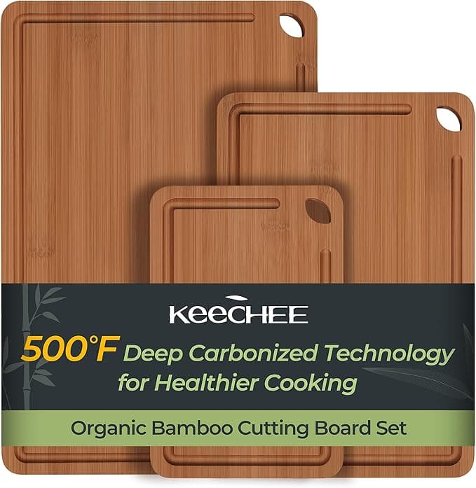 Keechee Bamboo Cutting Board Set with Deep Juice Grooves & Built-in Handles – 3 Sizes for Meat, Vegetables, and Charcuterie