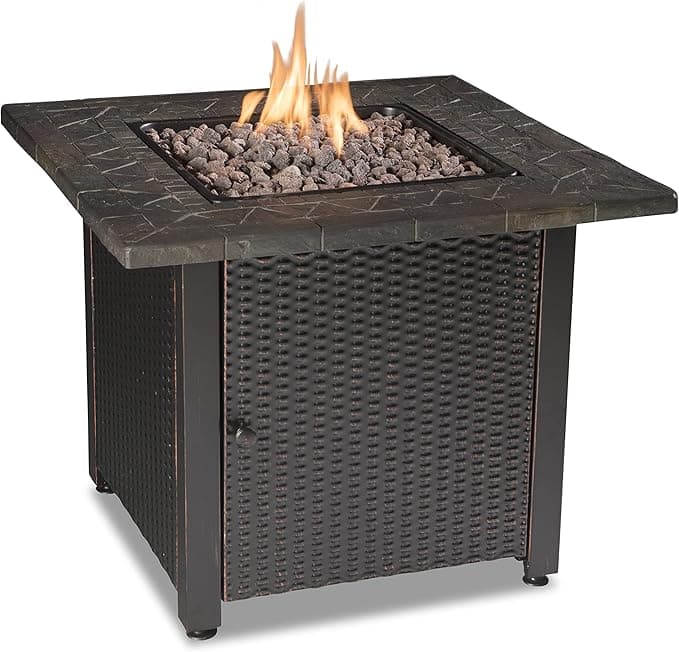 Endless Summer 30" Gas Outdoor Fire Pit Table — Mosaic Resin Mantel, Wicker Steel Base, 30,000 BTU, Cover Included