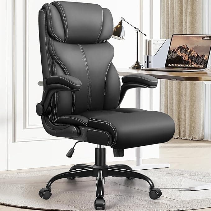 HeroSet Office Chair, Ergonomic Big and Tall Computer Desk Chairs, Executive Breathable Leather Chair with Flip-up Armrests, Lumbar Support