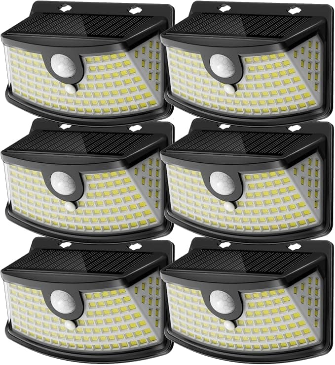 Aootek Solar Motion Sensor Lights 120 LEDs, 270 Degree Wide Angle, IP65 Waterproof (Black, Daylight White, 6-Pack)